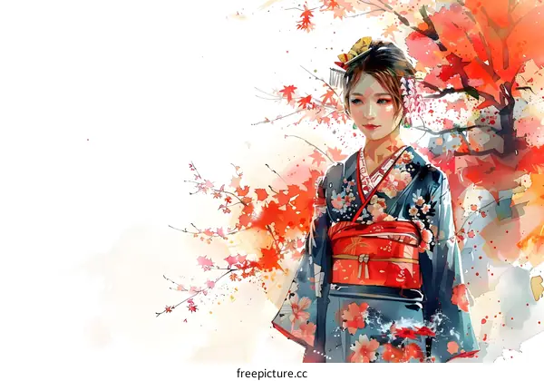 An Asian woman wearing a kimono stands under a tree with red and pink leaves.