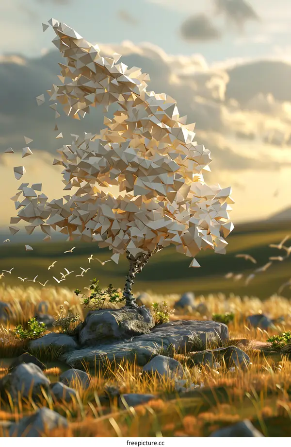 A 3D illustration of a tree made of white geometric shapes with a rock base and a grassy field in the background