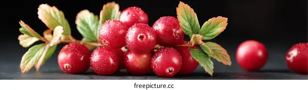 Close Up of Fresh Red Cranberries with Leaves