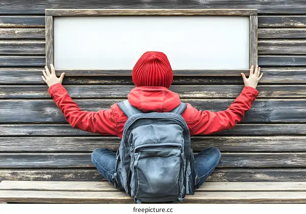 Person Holding Up Blank Sign In Front Of Wooden Wall