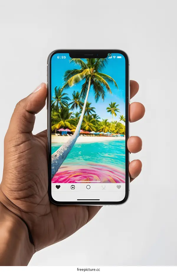 Hand Holding Smartphone with Beach Scene