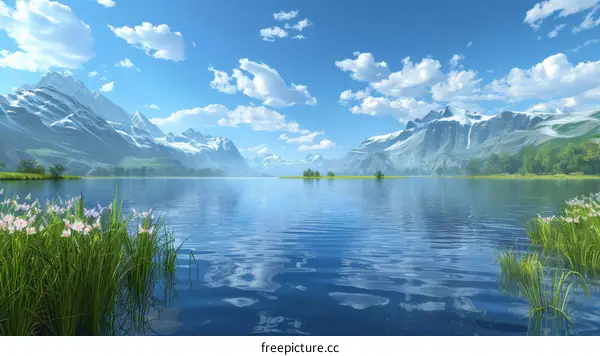 Mountains, Lake and Flowers Landscape