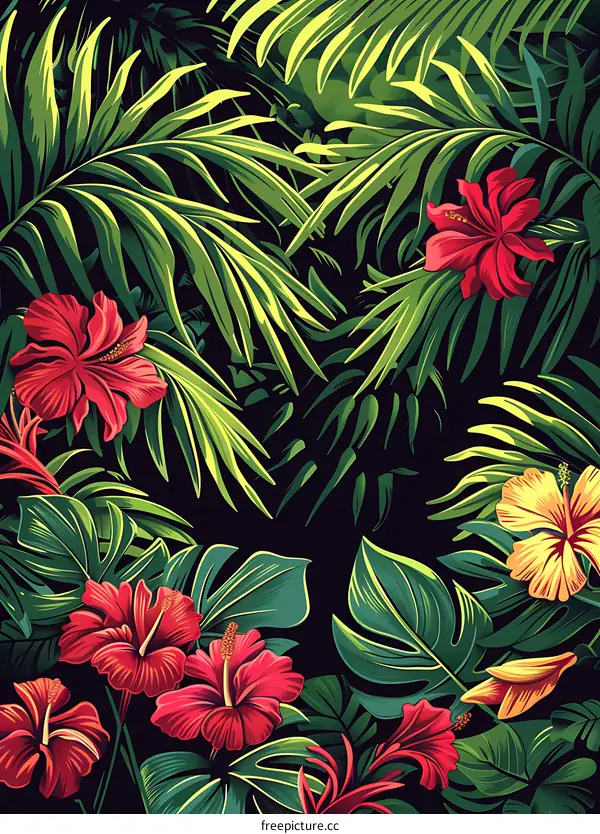 Tropical Floral Pattern with Green Leaves and Red Flowers