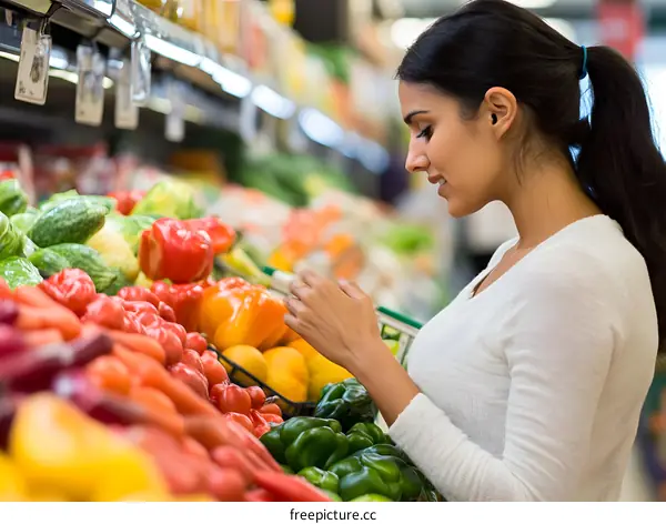Woman Choosing Fresh Vegetables at Grocery Store