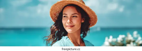Woman with Straw Hat by the Turquoise Sea