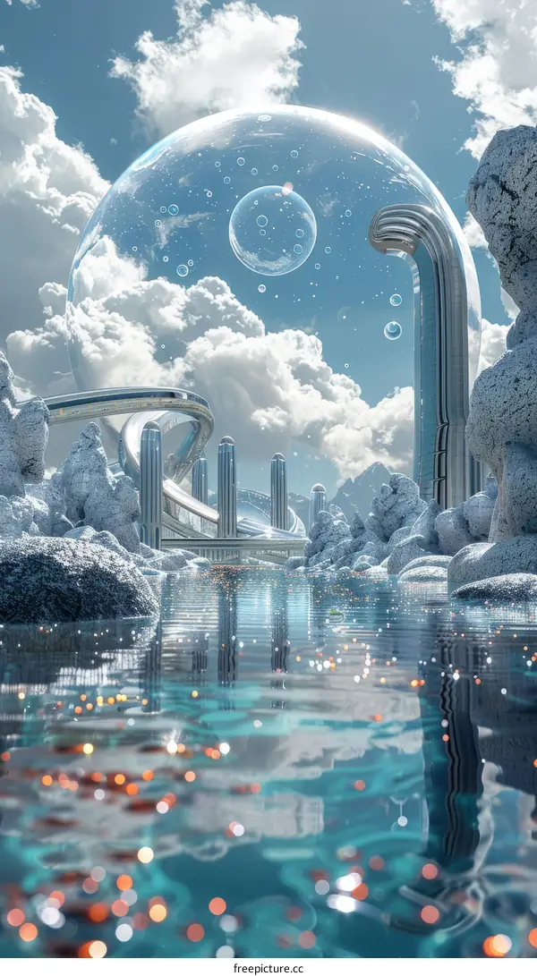 futuristic city with a giant bubble in the sky