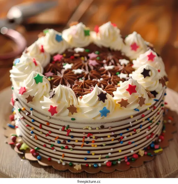 Delectable Chocolate Cake Topped with White Frosting and Vibrant Sprinkles