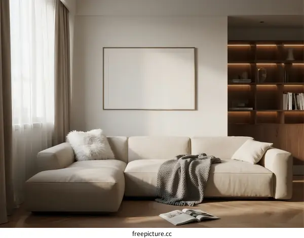 Modern Minimalist Living Room with Comfortable Sofa and Shelving