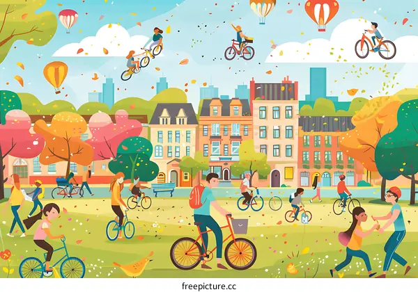 Happy People Riding Bikes in the City Park Illustration