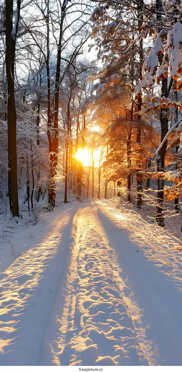 The sun shines through the snow covered trees in the forest