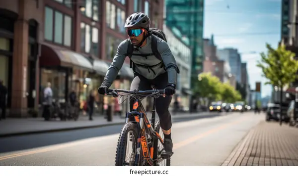 Black male cyclist riding a mountain bike in the city