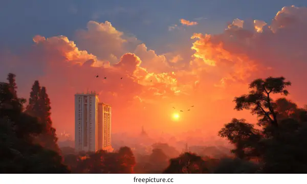 Sunrise over the Cityscape with Dramatic Clouds