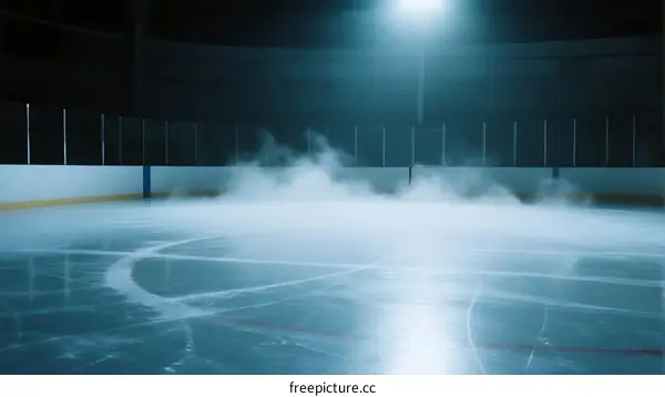 Foggy ice hockey rink under bright lighting