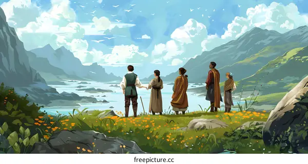 Five People Standing On A Cliff Looking At A Lake And Mountains