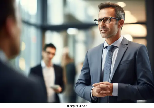 Businessman in suit talking to colleagues in the background