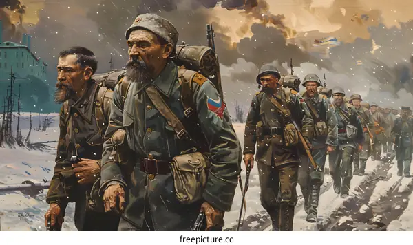 A group of soldiers marching through a snowy forest