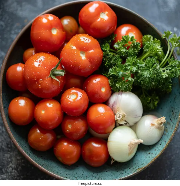 Fresh organic red tomatoes and parsley in a bowl