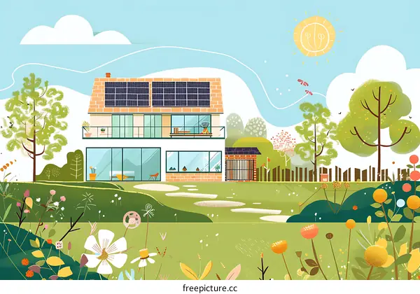 Modern House with Solar Panels and Green Garden