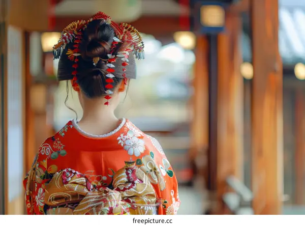 A Japanese bride wearing a traditional red kimono with an elaborate hair ornament