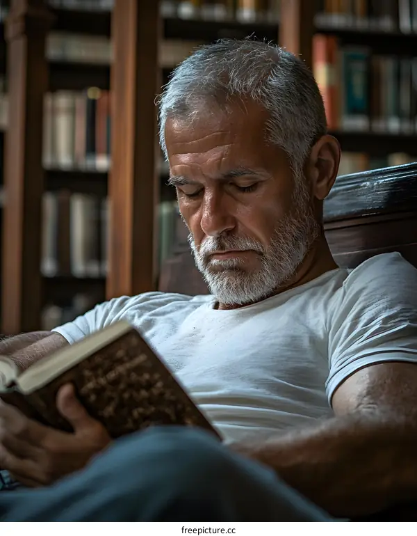 Senior Man Reading a Book in a Library