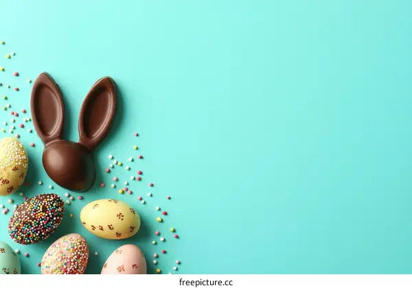 Chocolate Easter Bunny and Eggs on Mint Green Background