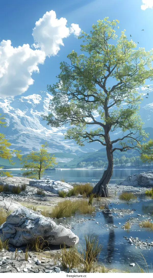 Fantasy Landscape with Majestic Tree and Mountain Range