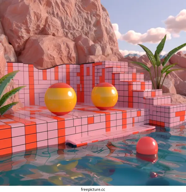 Three balls in a pink and blue pool