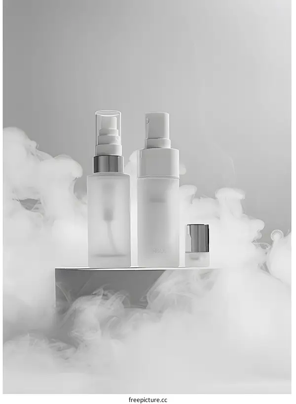 Two white bottles of perfume on a white podium against a gray background with white smoke