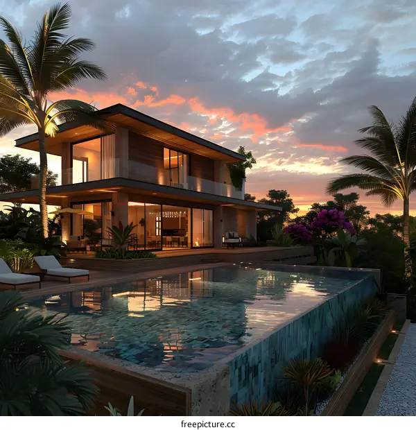 Modern Tropical Villa with Infinity Pool at Sunset