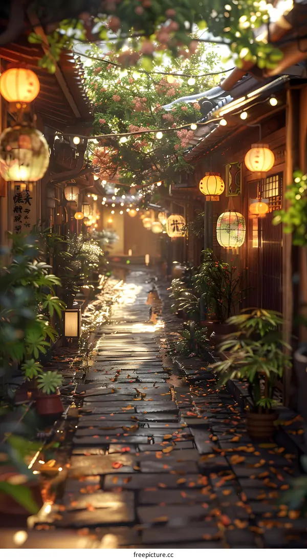 An illustration of a narrow alley in a Japanese town with traditional houses and paper lanterns.