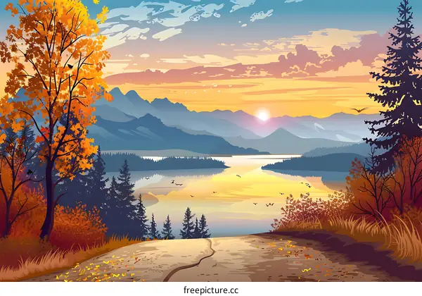 Autumn Sunset Over Mountain Lake Landscape