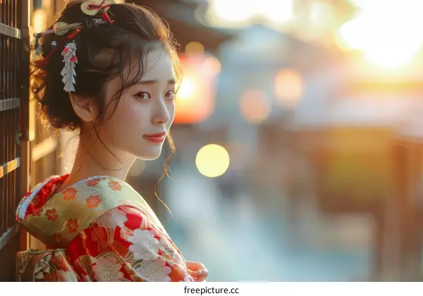 Portrait of a beautiful Japanese woman in traditional kimono