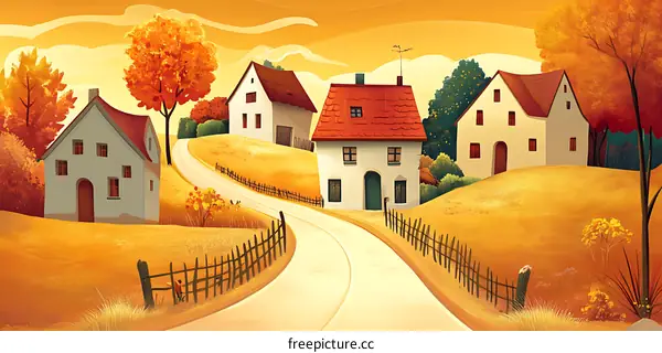 Autumn Landscape with Houses and Winding Road