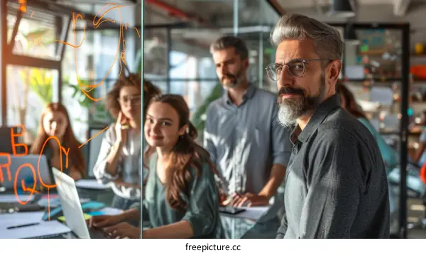 A group of business professionals having a meeting in an office