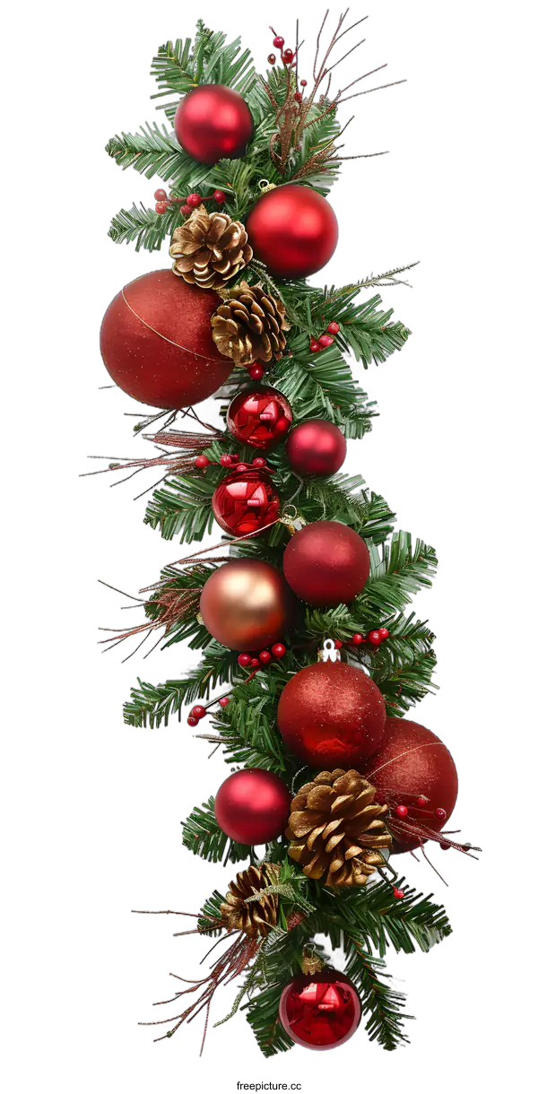 [Transparent Background PNG]Christmas Garland with Red Ornaments and Pine Cones