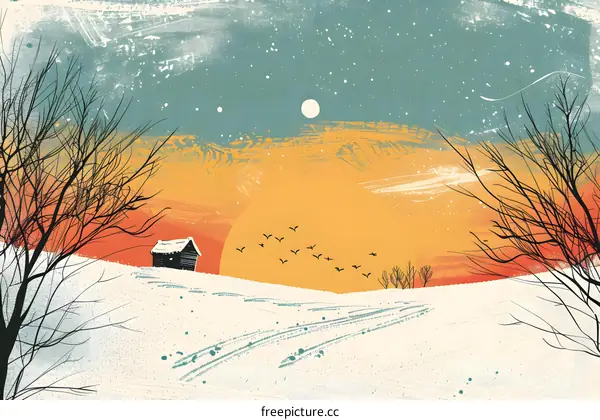 Winter Landscape Illustration with Cabin and Sunset