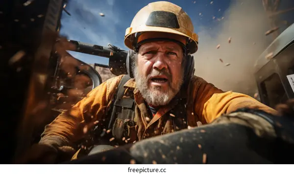 A miner looks at the camera while working in a mine.