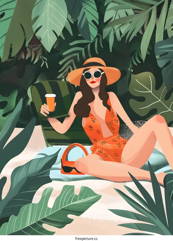 Woman in Orange Swimsuit Relaxing in Tropical Garden