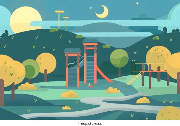 Night Time Playground Illustration with Slide and Climbing Frame