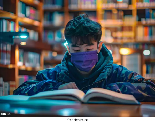 Asian student studying in library wearing mask