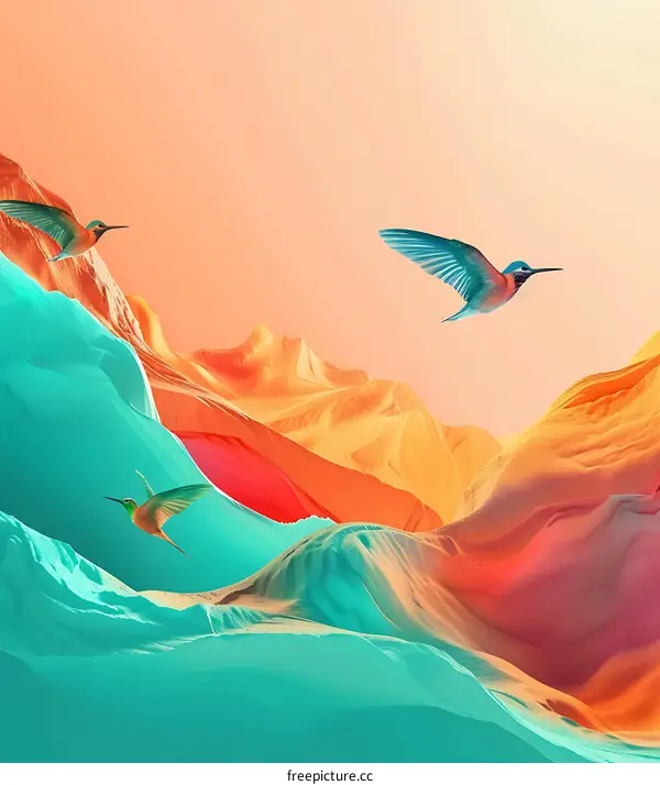 Abstract Mountain Landscape with Flying Hummingbirds