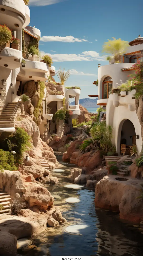 Futuristic Eco-Friendly Housing Complex nestled in a Rocky Canyon