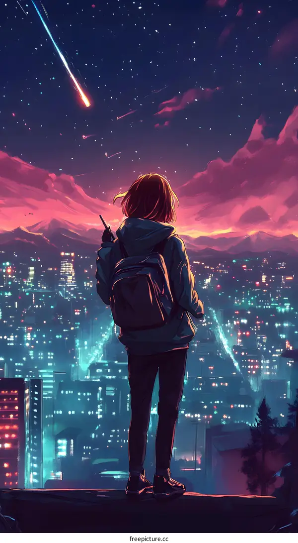 Girl Looking at the Night City with Shooting Stars
