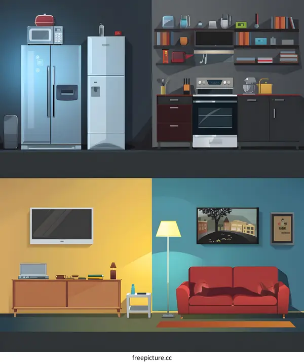 Modern Kitchen and Living Room Interior Design Illustration