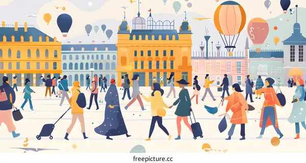 Colorful City Life with Hot Air Balloons