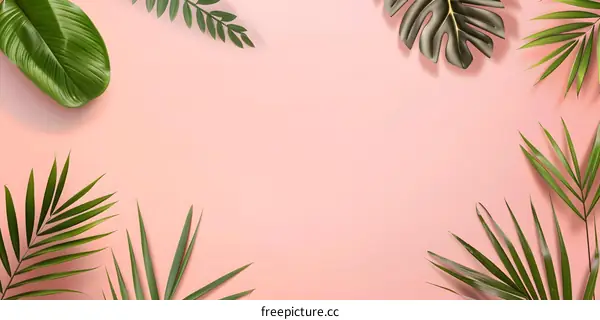 Green Tropical Leaves on Pink Background