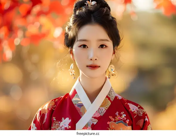 Korean Woman in Traditional Hanbok Dress Posing with Autumn Leaves Background