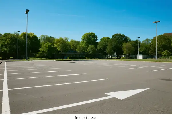Empty parking lot under clear blue sky with green trees in the background