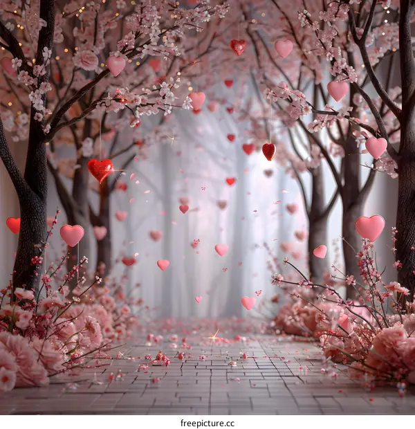 Pink cherry blossom trees with falling heart-shaped ornaments