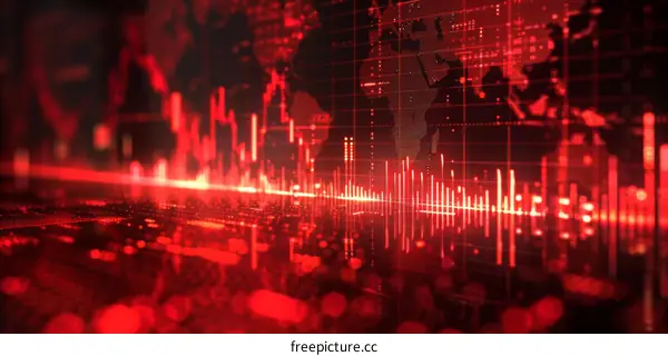 Red glowing circuit board with a world map in the background